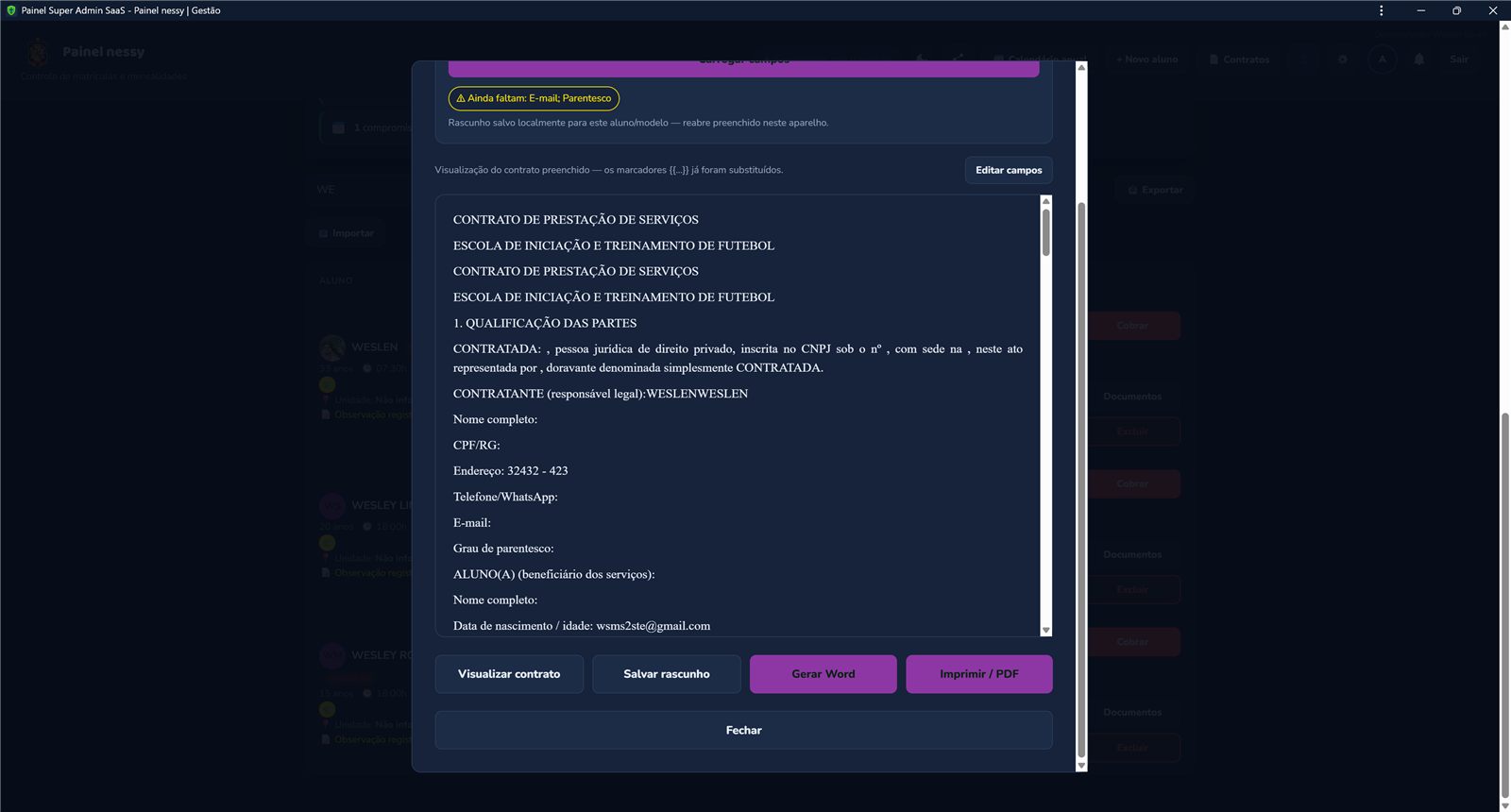 Página do contrato de matrícula com dados do responsável