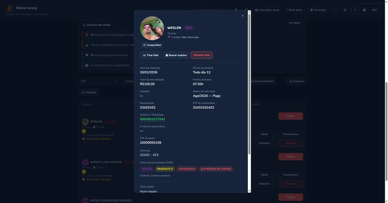 Perfil do atleta com dados de matrícula, mensalidade, responsável e status de pagamento