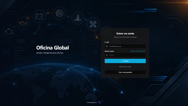 Interface do sistema Oficina Global — tela de login e dashboard